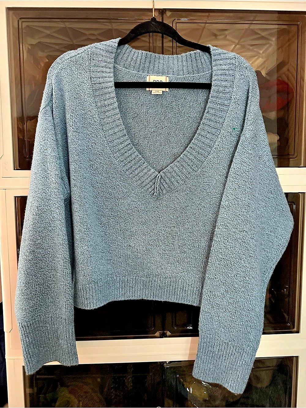 BDG Blue Marl V-Neck Chunky Knit Cropped Sweater Blue Large